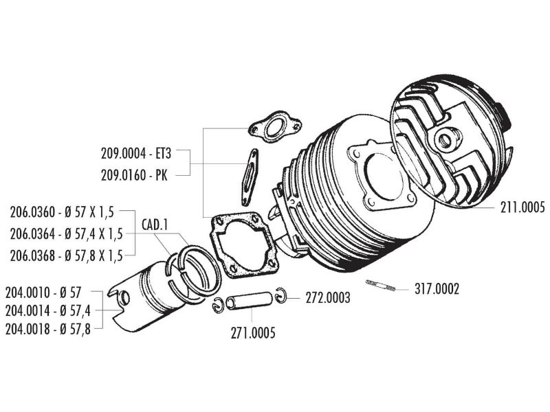Obrázok z Valec sada Polini liatinová športová 130cc 57mm pre Vespa 125 ETS, PK, Primavera 2T, Primavera ET3 2T, XL